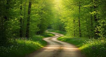 Obraz premium Winding Path Through Lush Forest - Picturesque dirt road curving through a vibrant green forest bathed in sunlight. Serene nature scene