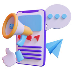 A 3D rendered illustration depicts social media promotion through digital devices and communication...