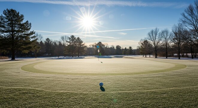 Winter Golf Course Sunrise - Frosty winter golf course green with a single golf ball in the foreground, sun shining brightly in the background