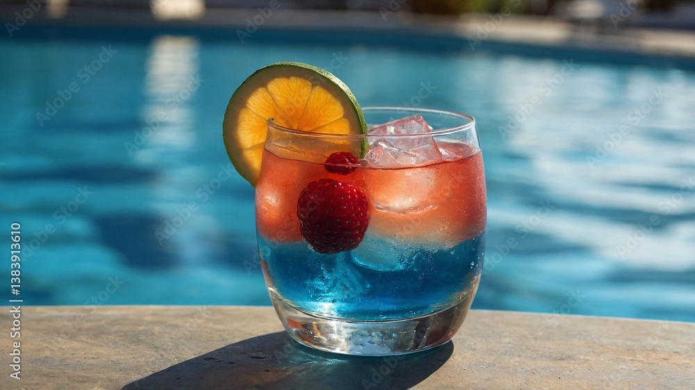 Poster refreshing cocktail with raspberry and lime garnished by a poolside setting.
