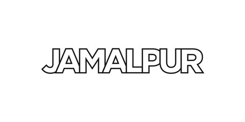 Jamalpur in the Bangladesh emblem. The design features a geometric style, vector illustration with bold typography in a modern font. The graphic slogan lettering.