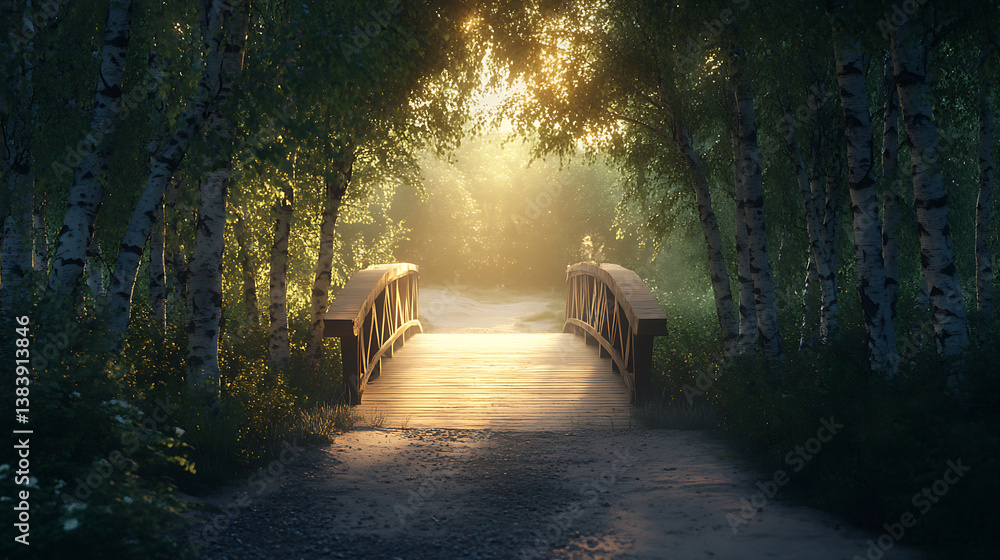 Poster Light shining out through a bridge on a path through birch trees