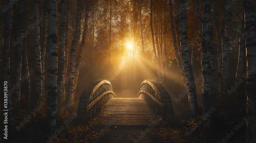 Poster Light shining out through a bridge on a path through birch trees