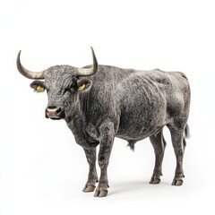 Realistic Gray Bull with Horns Standing on White Background