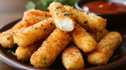 Fototapeta premium Crispy mozzarella sticks with an aromatic blend of herbs and a perfectly golden-brown coating, ideal for any gathering.