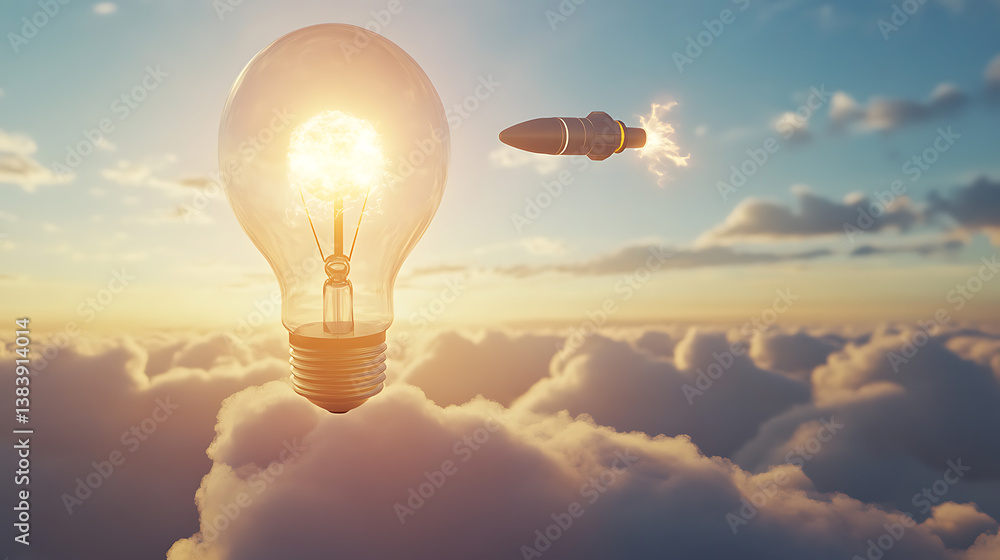 Poster Lightbulb with start up rocket flying over clouds