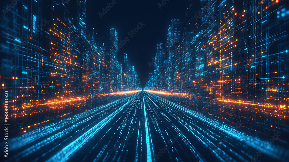 Poster Light trails defining a road, internet trasfer speed concept digitization and networking concept