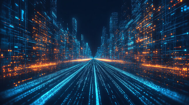 Light trails defining a road, internet trasfer speed concept digitization and networking concept