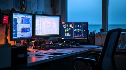 Fototapeta premium Multiple Computer Screens Illuminated In Control Room