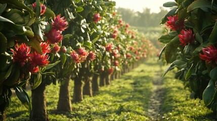 Fototapeta premium Red flower plantation sunrise, rural path, agriculture