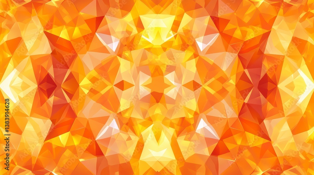 Poster Abstract orange and yellow geometric pattern, symmetrical design with triangle shapes and kaleidoscopic effect.