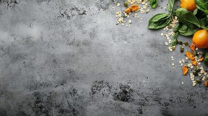 Flat lay of oranges basil oats and pumpkin seeds on a textured gray surface in natural light