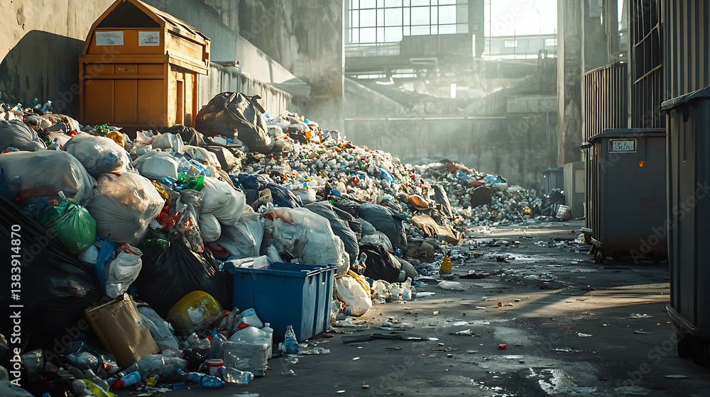 Poster huge garbage piles next to the dumpsters, stacks of litter bags, overflow trash cans and bottles on 