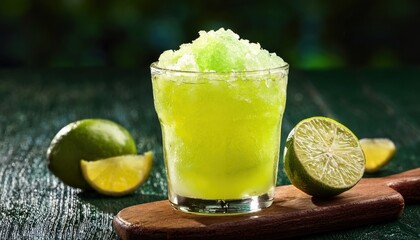 Chilled glass filled with frozen lime slush showcases vibrant green hues, radiating summer warmth.