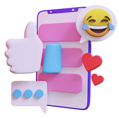 A stylized cartoon depicts social interactions and online communication on a mobile device.