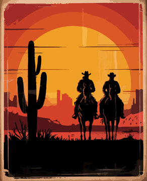 Vintage Western Silhouette &ndash; Two Cowboys Riding into the Sunset in a Desert Scene

