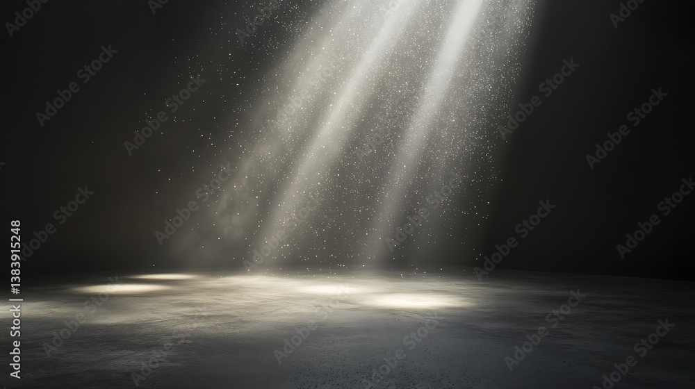 Poster Illuminated dust particles floating in a beam of light within a darkened room, evoking wonder