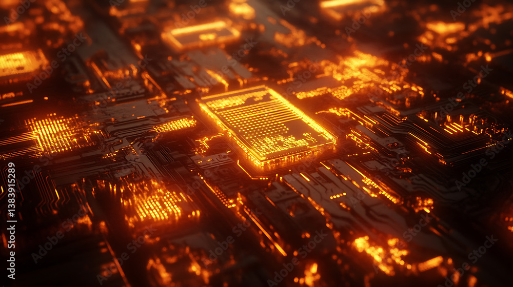Poster illuminated circuit board pathways with golden and orange glows, depicting technology and data flow