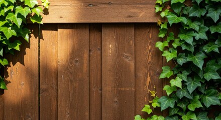 Wooden Fence Section with Lush Green Ivy - Nature, growth, springtime, rustic, organic. A wooden fence is adorned with vibrant green ivy, symbolizing growth, renewal, and the beauty of nature