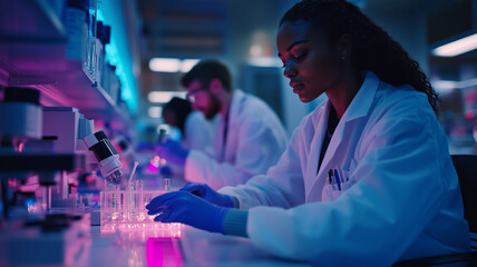 Diverse researchers collaborate in a modern medicine laboratory at dusk