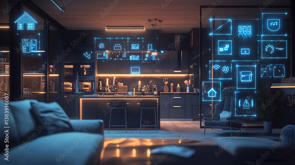 Poster luminous smart home icons on the background of the kitchen and living room, concept of automation an