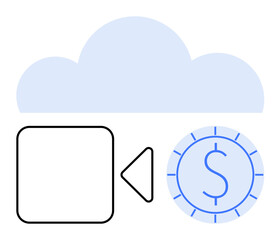 Cloud hosting above video play icon and dollar coin, representing online video streaming, hosting, and monetization. Ideal for technology, media, business growth, finance, cloud computing