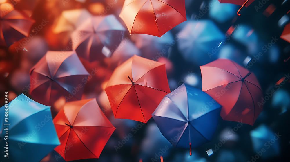 Poster illustration of umbrellas floating and rotating randomly at different angles