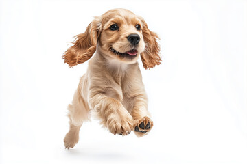 Joyful young English cocker spaniel leaps with pure excitement and energy
