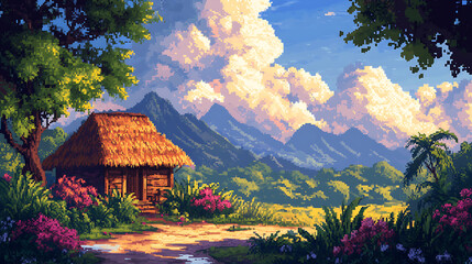 Lush jungle in foreground, plains and mesas in background, remote hut of a hermit, bright colors, clouds, evening, pixel graphics, wallpaper