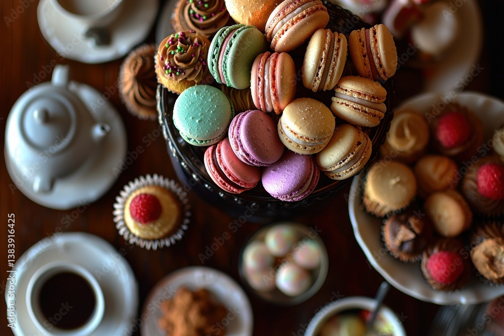Poster elegant afternoon tea setting with colorful macarons and cupcakes, arranged with teacups and teapot,