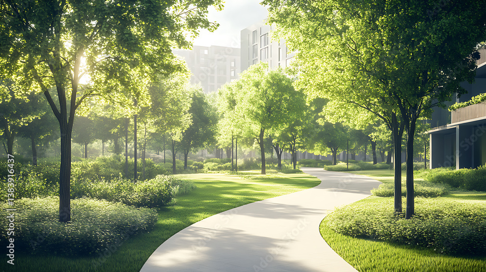 Poster illustration of urban green spaces with trees and pathways, highlighting the integration of nature i
