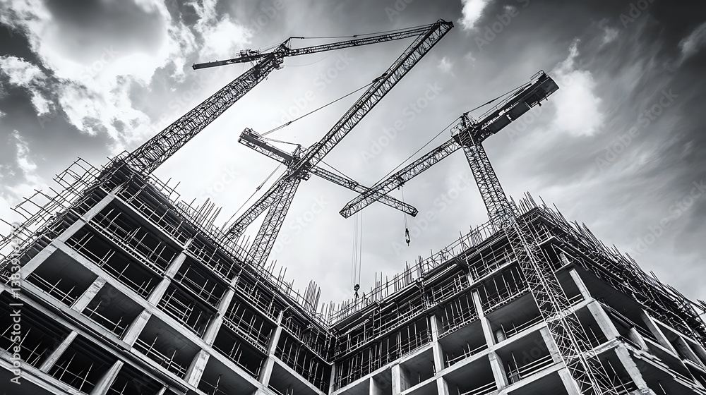 Poster image in black and white showing the steel structure used in building construction