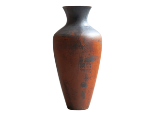 Large rustic vase, terracotta and grey, stands on grey floor.  Distressed finish adds character  texture. Perfect for modern or rustic interiors evokes warmth and sophistication.