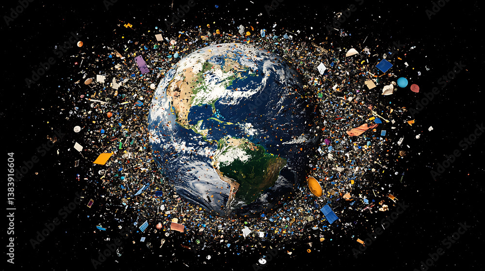 Leinwandbilder image showing numerous pieces of orbital debris surrounding earth, highlighting the issue of space j
