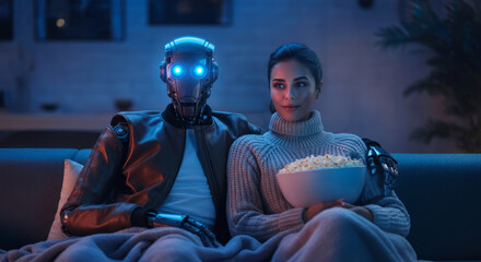 Female adult with robot watching movie on couch with popcorn in cozy living room