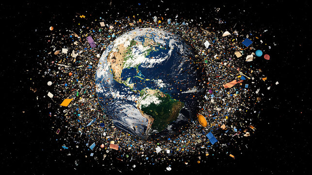 Image showing numerous pieces of orbital debris surrounding earth, highlighting the issue of space junk and its impact on space operations