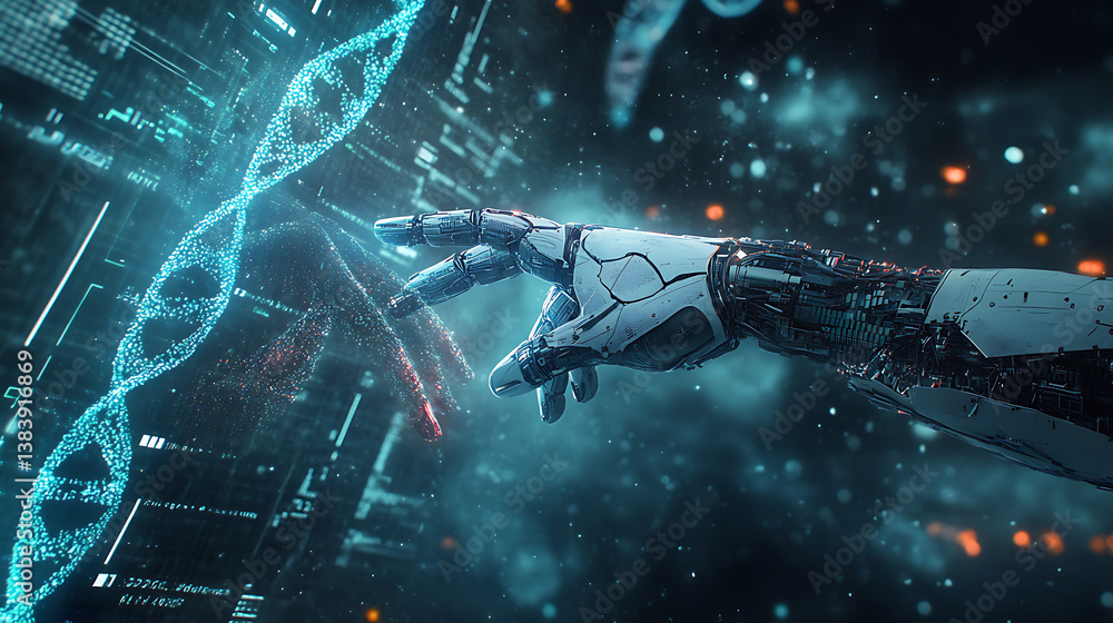 Poster in a virtual interface, hands of robots and humans are touching dna as if they were connecting in a 