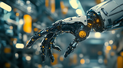 Fototapeta premium In the future, robots or cyborgs with artificial intelligence will control manipulator arms on factories and manufacturing plants, industry 4, 0, robotics and technology are the future, abstract hud