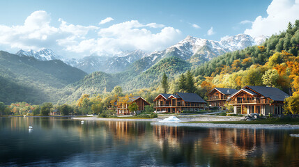 Fototapeta premium In the valley at the foot of the mountains there are houses near the lake, 3d illustration
