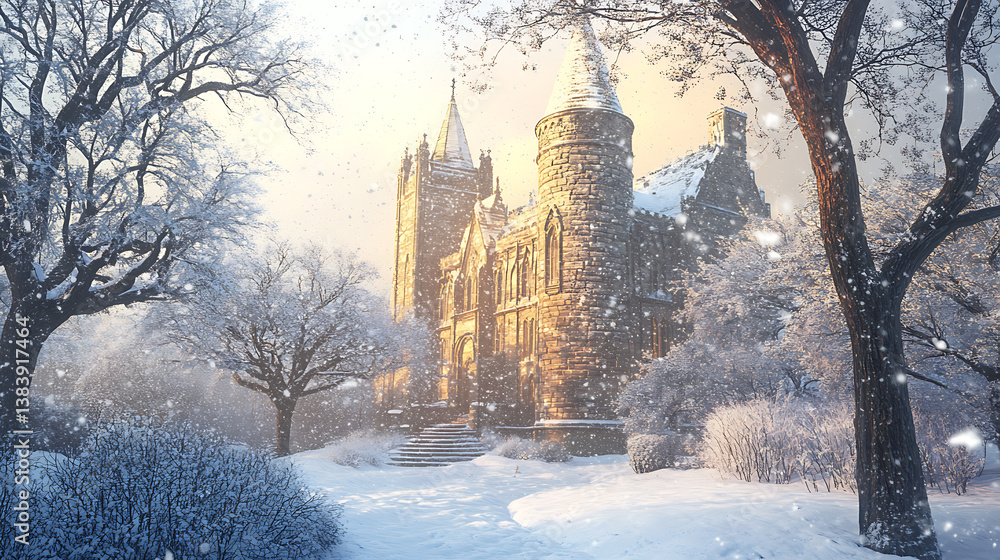 Poster in winter, the gothic-style fortress stands under a snowfall, 3d rendering