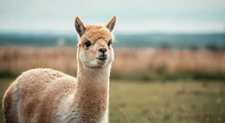 Curious alpaca in serene pasture setting