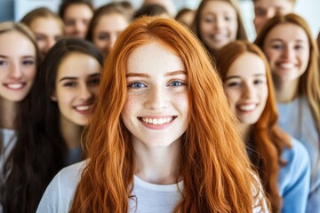 Obraz premium A vibrant portrait of a smiling redhead woman with freckles surrounded by a diverse group of friends, showcasing unity and joyful connection in a social setting.