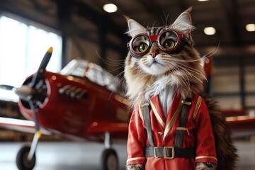 A majestic cat, dressed as an aviator with a vintage airplane in the background, wearing goggles and an aviator jacket ready for a flight to new destinations.
