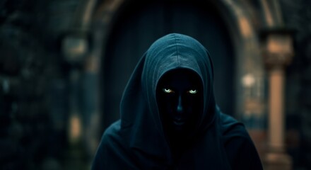 Mysterious hooded figure with glowing eyes in dark cloak