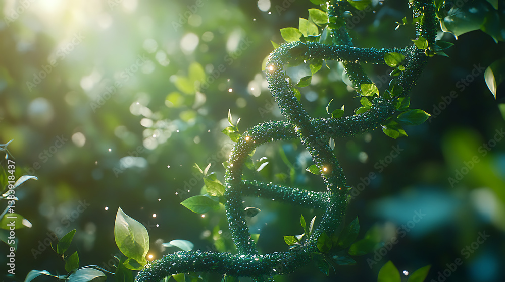 Poster innovative intersection of biotechnology and natural elements, featuring a dna double helix structur