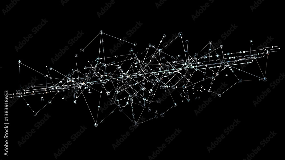 Poster interconnected lines and dots forming the shape of an subway map, representing digital network techn