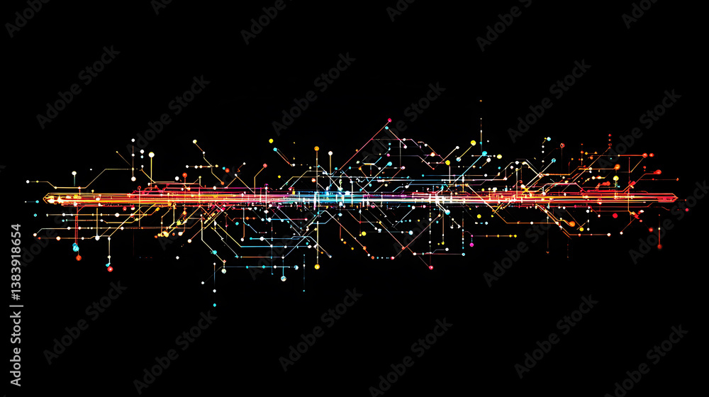 Poster interconnected lines and dots forming the shape of an subway map, representing digital network techn