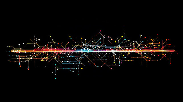 Interconnected lines and dots forming the shape of an subway map, representing digital network technology with black background