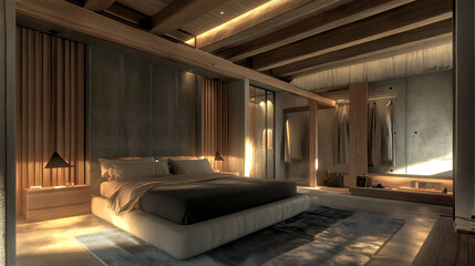 Interior design of modern bedroom in attic with wooden beams and