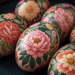 Traditional Easter Egg Art: Intricate Matryoshka Floral Designs on a Dark Background